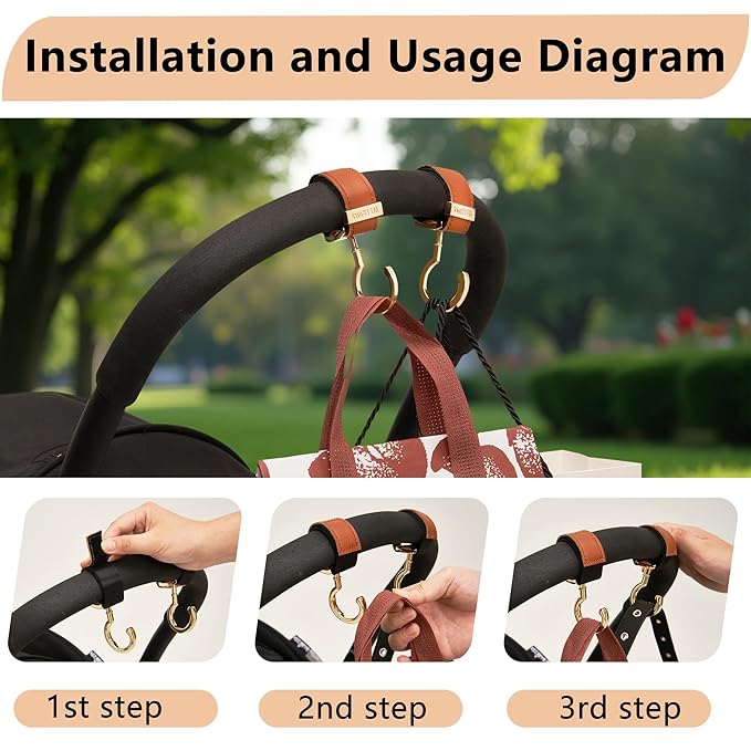 2 Pack Stroller Hooks, Strong Synthetic Leather Hook-and-Loop Fastener & High-Quality Metal Hooks, Universal Bag Clip | 360° Rotation, 66lb Capacity, Non-Slip - Fits Wheelchair (Black-Gold)