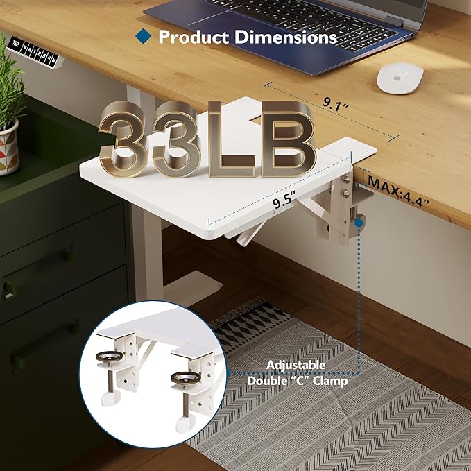 BONTEC Ergonomic Desk Extender Tray, 9.5"x9.1" Table Mount Arm Wrist Rest Shelf, 90° Foldable Elbow Support, Clamp on Computer Arm Rest for Desk, Office & Home Use, Durable & Easy to Install