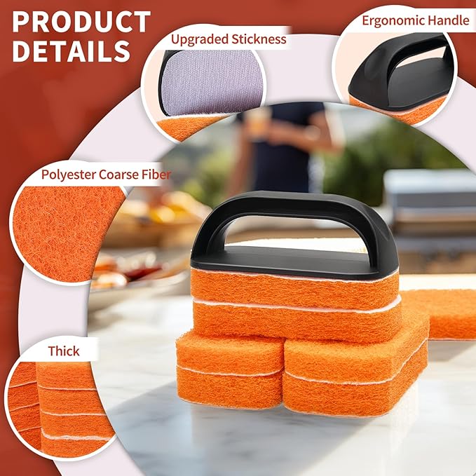 Griddle Cleaning Kit for Blackstone – Grill Stone, Non-Scratch Scouring Pads, Heavy-Duty Scraper & Ergonomic Handles – Flat Top Grill Accessories (8PCS Orange)