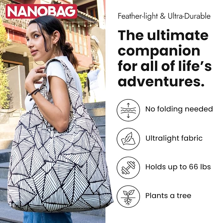 Nanobag Ultralight Heavy Duty Foldable Tote for Women & Men, Reusable Grocery & Travel Bag, Packable Collapsible Compact Market Essential (XL Duck)