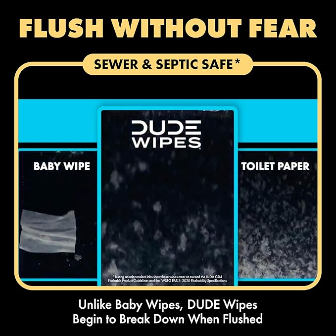 DUDE Wipes Shea BUTTer Flushable Wipes - Extra-Large Adult Wet Wipes - 6 Pack (288 Count) - Infused with Coconut Oil, Vitamin E, and Aloe - Septic and Sewer Safe
