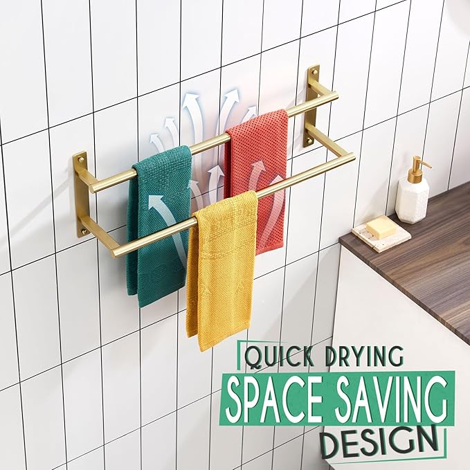 KOKOSIRI 24 Inch Bathroom Towel Racks Double Towel Bar Bath Towel Holder Towel Hanger Towel Shelf Wall Mount Stainless Steel Brushed Gold B5010BG-L24