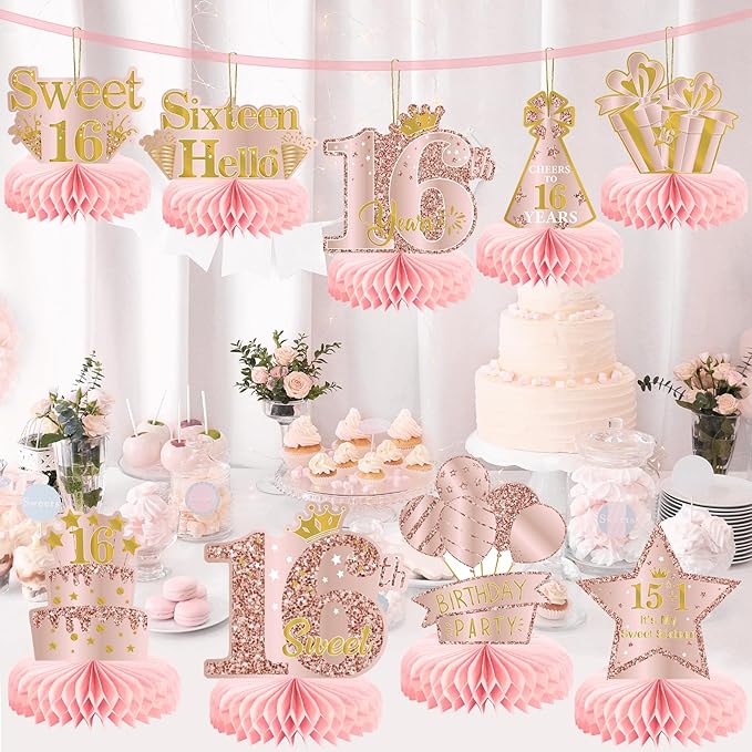 9Pcs 16th Birthday Decorations Pink Rose Gold Honeycomb Centerpieces for Girls, Happy 16th Birthday Table Centerpieces Party Supplies, Sixteen Year Old Birthday Table Toppers Decor