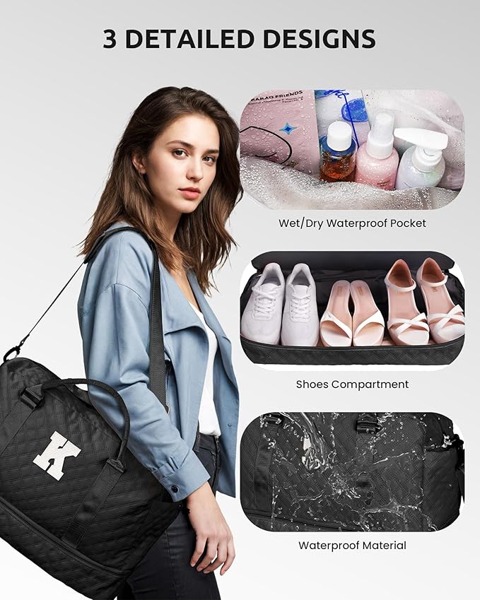 Initial Duffle Travel Bag, Personalized Weekender Bag with Shoulder Strap, Monogram Overnight Bag for Women Wet Pocket, Letter Travel Bag with Makeup Bag Gifts for Friends Female (Letter W)