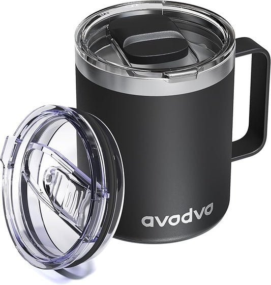 12oz Insulated Coffee Mug with Lid – Includes Two Lids, Stainless Steel Coffee Travel Mug with Handle, Double Wall Vacuum Insulated Camping Mug for Home, Office & Outdoor, Black