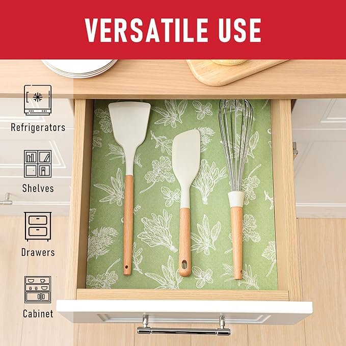 Cooyes Shelf Liner for Refrigerator & Drawer, Non-Adhesive Cabinets Liner for Kitchen Cupboard & Fridge, Breathable Cloth Material, Vegetable-Patterned, 6 Pack 12“ × 24”, Sage Green