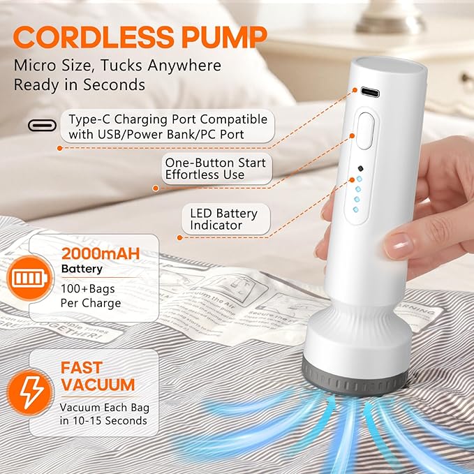 9 Pack Vacuum Storage Bags with Pump, Space Saver Travel Bags with Rechargeable Wireless Pump, Reusable Tear-Proof Compression Packing Cubes for Heavy Clothes/Bedding/Luggage/Moving 9 Combo Size