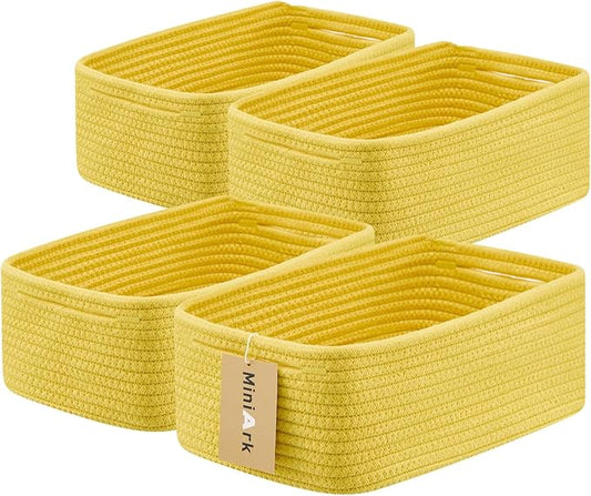 MiniArk Small Storage Baskets for Organizing | Closet Organizer Bins | Shelf Toy Basket | Woven Rope Baskets | Cube Decorative Box | Shallow Basket | 13x8.5x5.1” | 4 Packs Yellow