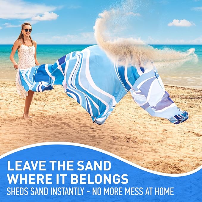 Everlasting Comfort Large Beach Blanket Waterproof & Sandproof - 128” x 108” /10.7ft x 9ft - Lightweight Picnic Mat, Camping Necessities for 10 People - Accessories for Outdoor Festivals - Blue