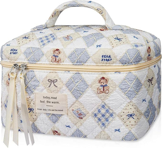 Gosect Large Makeup Bag, Cute Cosmetic Bag for Women Girls, Floral Coquette Aesthetic Toiletry Bag, Travel Make Up Organizer Bag (Check Bear)