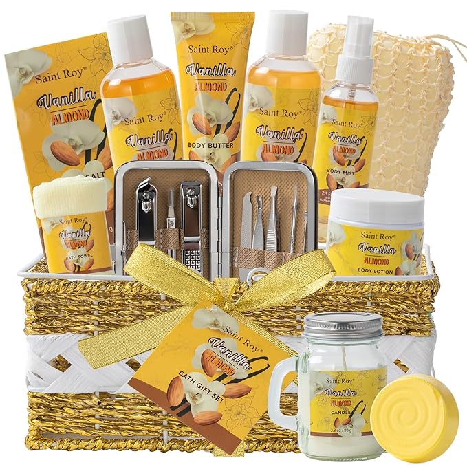 Bath & Body Gift Set, 19pcs Vanilla & Honey Almond Scents Bath Gift Baskets Home Spa Gift, Bath Spa Kit For Women and Men Luxury Home Spa Bath Gift Basket, Skin Care Gift Set, Spa Gifts, Pamper Gifts