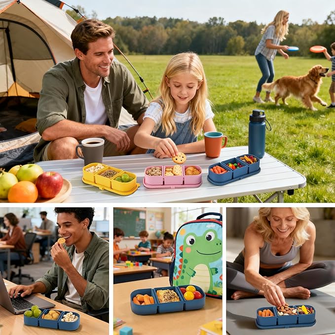 3 Pack Silicone Reusable Snack Containers with Lids - 3 Compartment Snackle Box for Kids & Adults, BPA-Free & Leakproof, Small for Dressing, Sauces, School, Office, Picnic (Blue, yellow, pink)