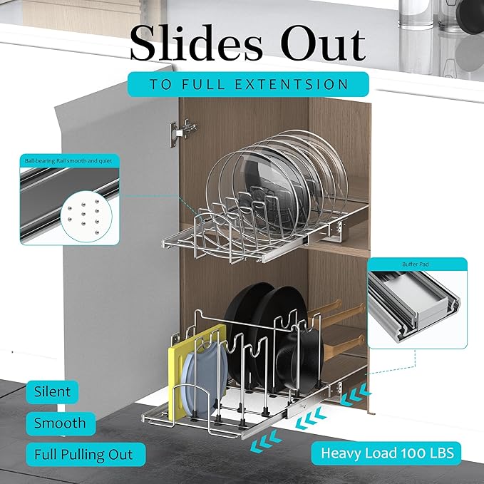 Pots and Pans Pull Out Organizer Under Cabinet, Adjustable Slide Out Pan and Pot Lid Rack Holder, Wire Dividers Kitchen Organization And Storage, Full-Extension Rail 12" W X 20" D