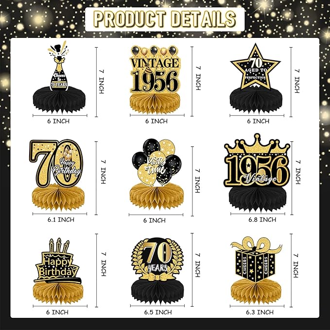Refavor 70th Birthday Decorations Men, Happy Vintage 70 Years Old Honeycomb Centerpieces Party Decor for Women, 9pcs Cheer Black Gold Table Supples