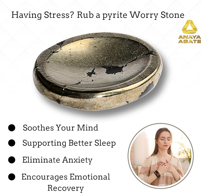 Natural Pyrite Worry Stones – Crystal Thumb Worry Stone for Anxiety, Stress – Relaxing and Soothing Balance Stones for Meditation, Stress Relief – Healing Stones and Crystals for Men and Women