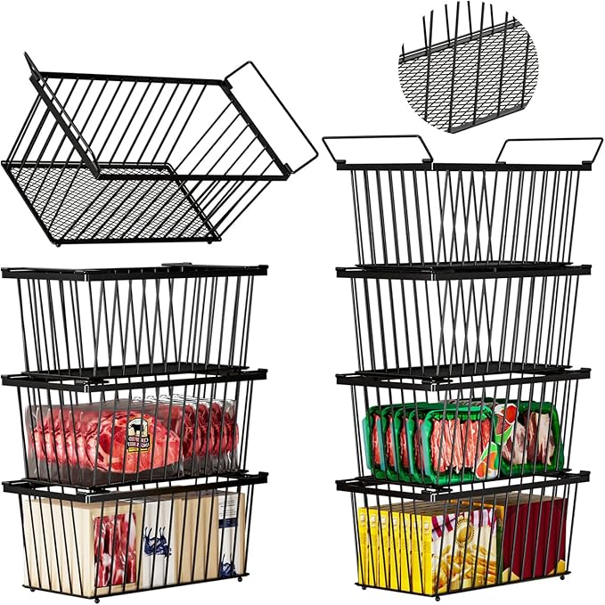 ANJUBAN Enhanced Leak-Proof Bottom - Freezer Organizer Bins, 8 Pack Stackable Deep Freezer Organizer Bins for 7 Cu.FT Small Chest Freezer, organization and storage, pantry organizers (Black 8 Pack)