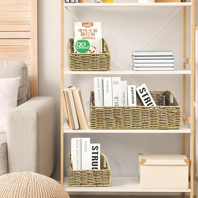 Ollieroo Natural Seagrass Storage Baskets, Handwoven Wicker Storage Bins with Built-in Handles, Storage Container Baskets for Shelves, Bedroom, Bathroom, Laundry Room or Kitchen (Green)