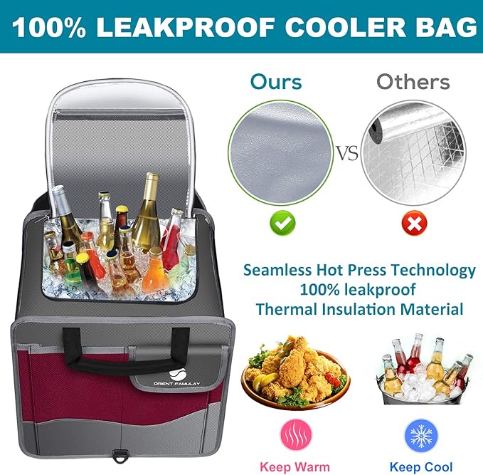 Trunk Organizer with Cooler, Collapsible Trunk Storage Container with Non-Slip Bottom Strips, Large Multi-Compartment Waterproof Car Trunk Organizer for Groceries, for Vehicle Sedan, SUV, Van (Wine Red)