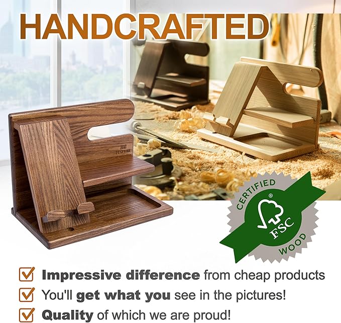 TESLYAR Wood Phone Docking Station Ash Key Holder Wallet Stand Watch Organizer Men Christmas Gift Husband Wife Anniversary Dad Birthday Nightstand Purse Father Graduation Male Idea Gadgets (Beige)