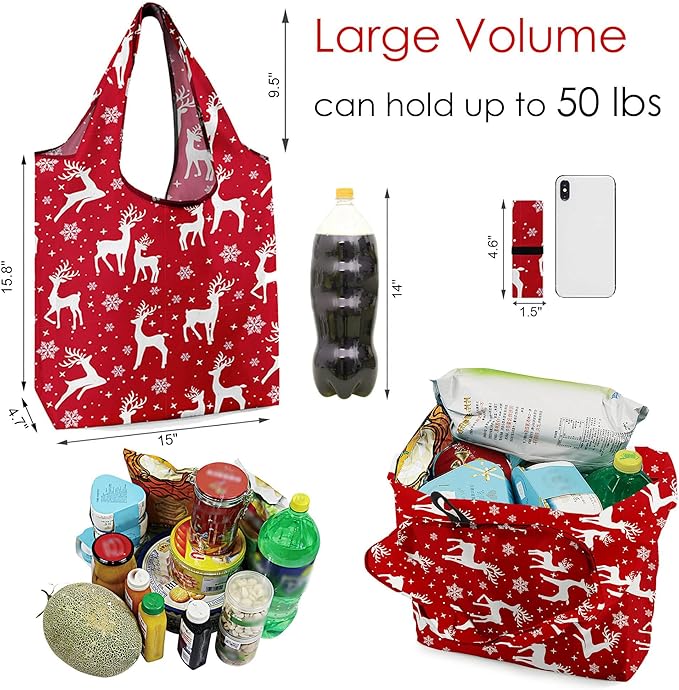 BeeGreen Christmas Reusable Shopping Bags, 12-Pack with Zipper Storage Pouch, Christmas Gifts Grocery Bags in Bulk with Elastic Band, 50LBS, X-Large, Foldable, Machine Washable, Santa Deer Snowman