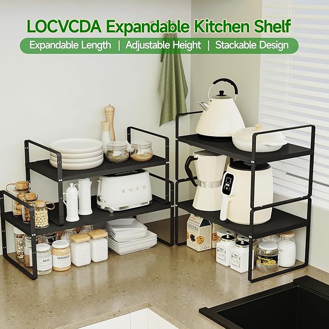 LOCVCDA Expandable Cabinet Organizer Shelf, Adjustable Height Organizer Riser for Kitchen Cabinet Spice Rack Locker Pantry Cupboard Under Sink Countertop Desk Organization Metal Stackable Shelves