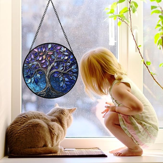 Stained Glass Window Hanging, Blue Purple Tree of Life Sun Catchers Colorful Glass Panel Plants Suncatcher Decor for Birthday for Women,Men,Wife, Lovers, and Mom 7.8 in
