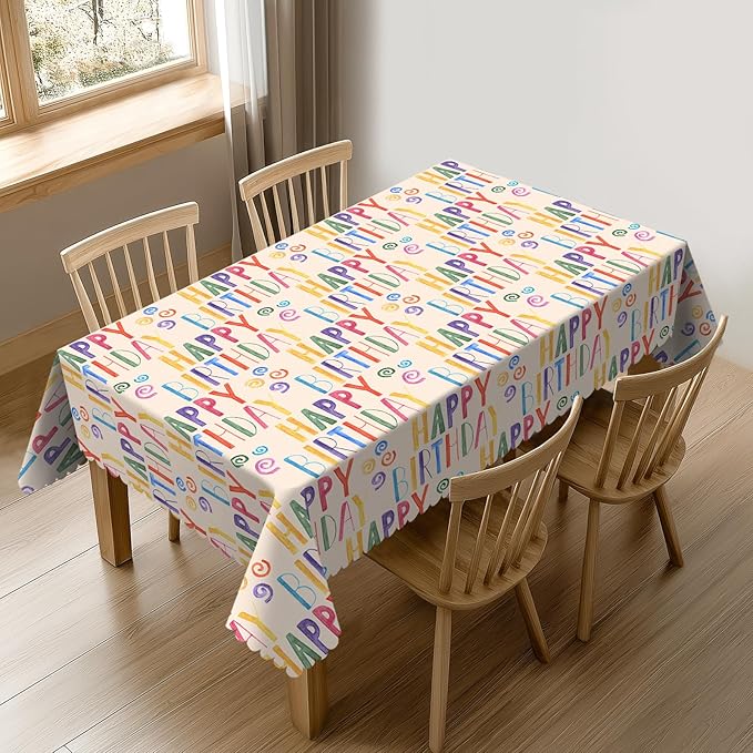 VIMPEYDON Happy Birthday Colorful Table Cloth for Dining Tables, Reusable Watercolor Happy Birthday Tablecloths Holiday Beige Tabletop Decoration Rectangle Table Cover for Kitchen, Party, Picnic, 54x72In