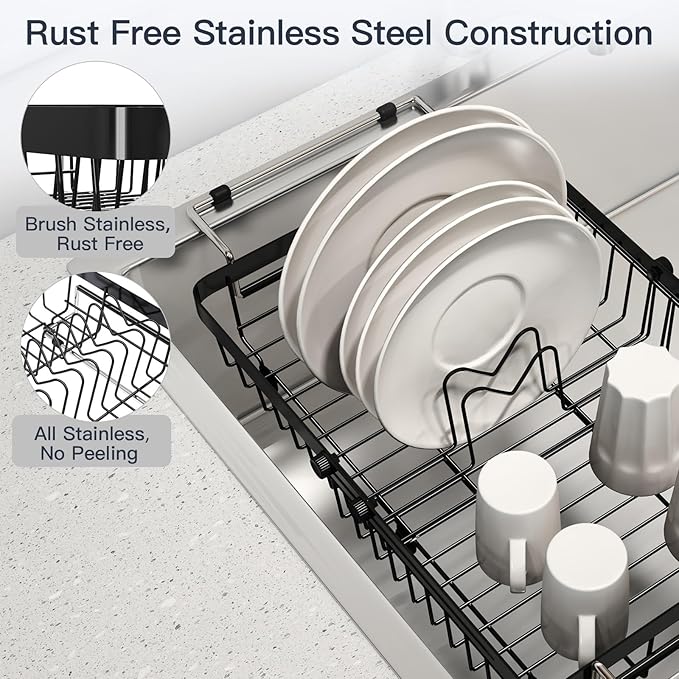 MAJALiS Small Expandable Over The Sink Dish Drying Rack Drainer In Stainless Steel Metal For Kitchen, Counter Space Saving Compact Plate Dryer Strainer Adjustable Hanging Inside Sink Wire Drain Holder