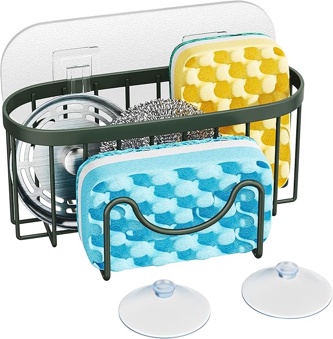 HapiRm Sponge Holder for Kitchen Sink - Sink Caddy with Unique M-Shaped Design, 2 Installation Methods Kitchen Organizer, Rustproof Stainless Steel Sponge Caddy - Green