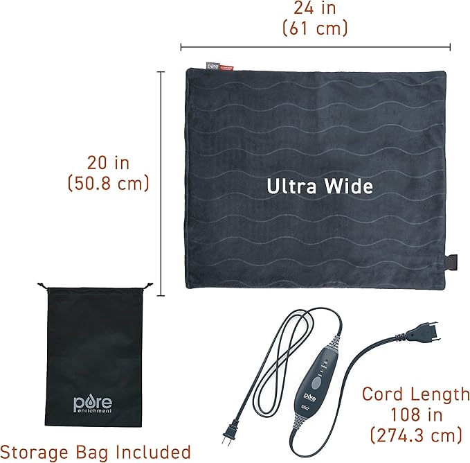 Pure Enrichment PureRelief Pro Far Infrared Ultra-Wide Heating Pad - Muscle Relief for Back, Neck, Shoulder, & Knee Pain in Athletes, 4 Heat Settings, Dry/Moist Heat, 20” x 24” Wide Size (Iron Gray)
