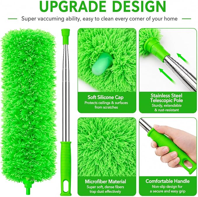 Duster for Cleaning High Ceiling Fan (Green), AzunMicrofiber Feather Duster with 30" to 100" TelescopingExtension Pole, Long Extendable Duster for Home CarFurniture Cobweb