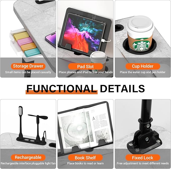 Laptop Desk for Bed Height Adjustable, Lap Bed Table with USB/Storage Drawer/Cup Holder/Tablet Stand/Book Shelf, Foldable Breakfast Tray Portable for Reading Writing, Sofa & Floor, Light Stone Texture