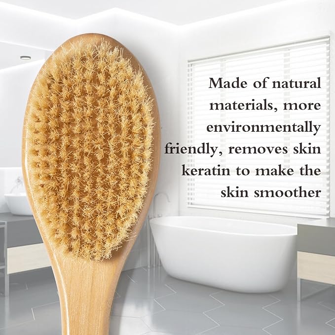 Bamboo Long Handle Back Scrubber Brush,Dry Body Scrubber for Dry Skin, Blood Circulation, Cellulite Treatment,Dry Brush Suitable for All Kinds of Skin with Soft and Stiff Bristles