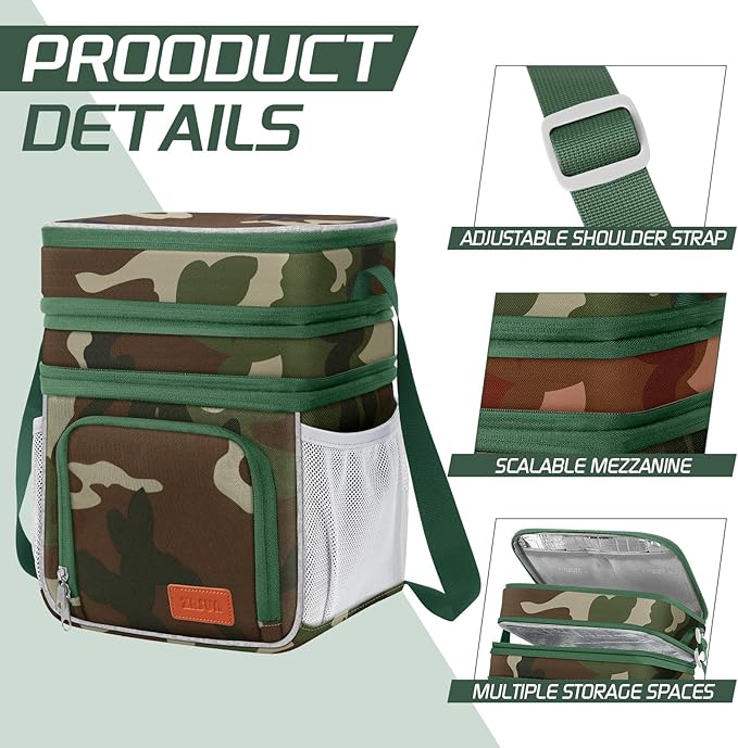 Insulated Lunch Bag for Women Men, Reusable 3 Layers Lunch Box Women, Expandable Reusable Water-resistant Lunch Box for Work Travel Office Picnic Hiking (Green Camo)