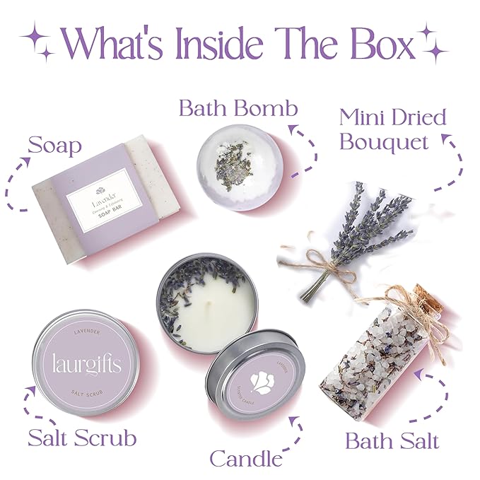 Small Lavender Spa Gift Box for Women – Relaxing Self Care Set with Candle, Bath Bomb, Soap & Scrub – Birthday, Thank You, Christmas, Housewarming, Bridal Shower, Get Well Soon Gifts for Her
