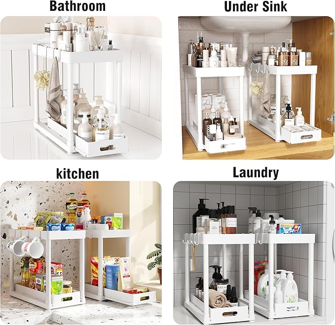 2 Pack Pull-Out Storage Organizers, Under Sink Organizer and Storage for Bathroom & Kitchen, Multi-Purpose Under Cabinet Organizers and Storage, Black