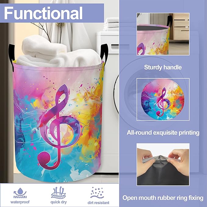 Colorful Music Symbols Laundry Basket-Large Foldable Hamper Holder Portable Tall Collapsible Laundry Hamper Storage Basket Bin with Handles, Canvas & Waterproof lining for Household Items