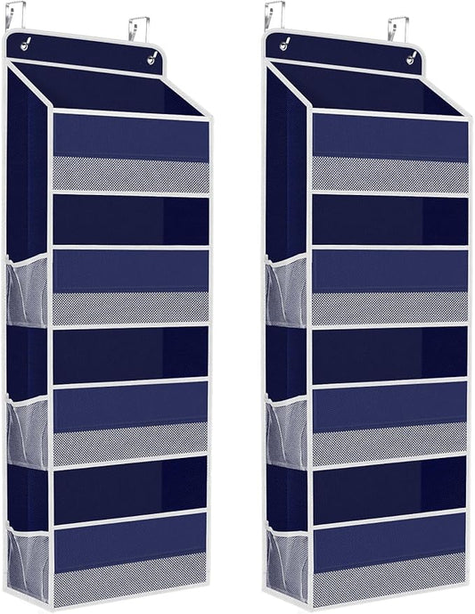 2 Pack Over The Door Organizer, Hanging Storage Organizer with Clear Window, 40lb Ultra Sturdy Large Capacity Room Organizer for Pantry Laundry Bathroom Nursery Closet (Blue)