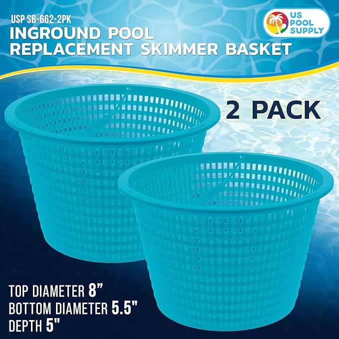 U.S. Pool Supply Swimming Pool Teal Blue Plastic Skimmer Replacement Basket (Set of 2) - Skimmer Basket for Inground Pool, Skim Filter Remove Leaves Debris - 8" Top, 5.5" Bottom, 5" Deep, Not Weighted