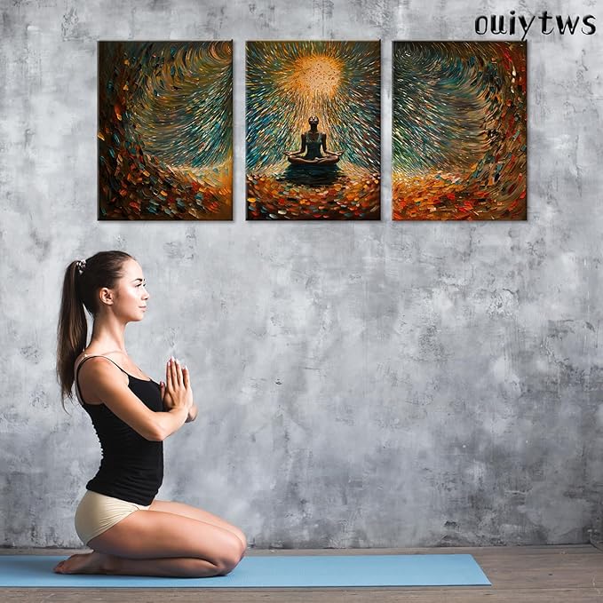 Framed Abstract Yoga Meditation Wall Art Set of 3Piece Canvas Poster Prints Painting, Vibrant Colorful Energy Flow, Tranquil Woman in Meditation for Home, Yoga Meditation Room,Office,Bedroom,16X24in