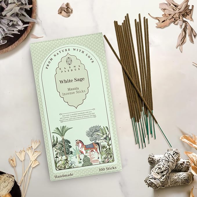 Incense Sticks, White Sage Incense, Pack of 100 Stick, Hand Rolled Aromatic Masala Made with Natural Ingredients, 45-60 Minute Burn Time, Best for Home Fragrance, Meditation, Yoga, Spiritual Healing