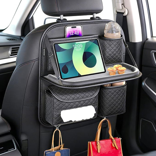 Leather Car Backseat Organizer with Foldable Table Tray - Cup, Tissue, Tablet Holder & Purse Hook, Road Trip Essentials for Car (Black)