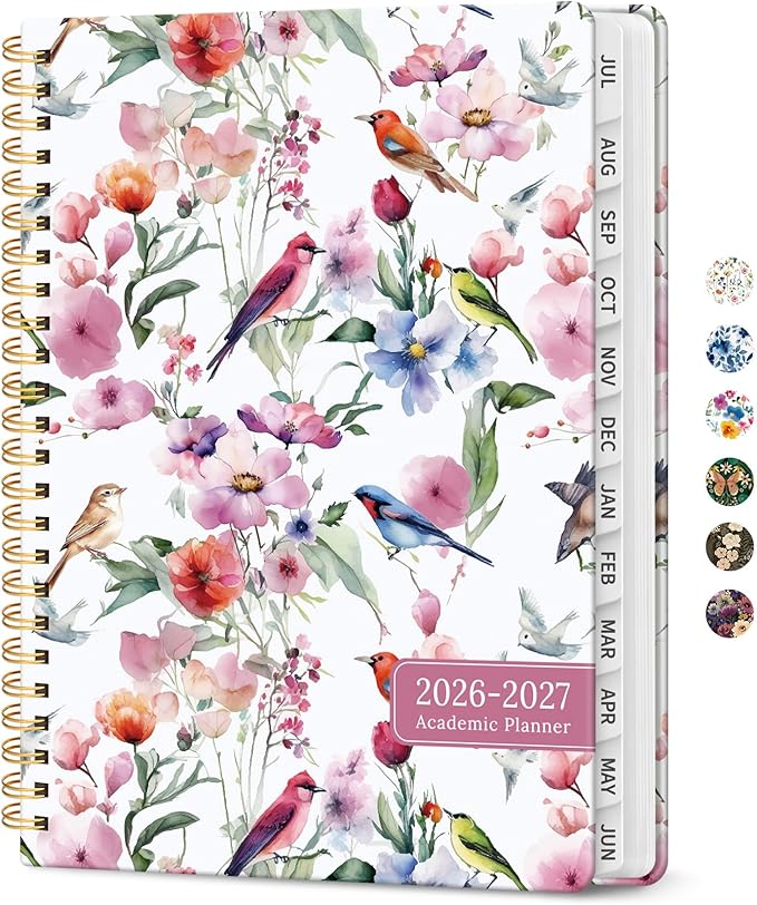 Planner 2026-2027, Academic Year Monthly and Weekly Calendar Planner, Jul 2026 - Jun 2027, Hardcover Teacher Student Planning Agenda book with Tabs, Perfect for School Office Supplies, 8.5" x 11" - Songbird Bloom