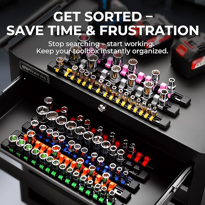 30-Piece Socket Organizer Set - 1/4-Inch x 160 Clips, 3/8-Inch x 150 Clips, 1/2-Inch x 120 Clips, Heavy Duty ABS Socket Holder, Premium Quality Socket Clip Rail Holder for Tool Box Drawer