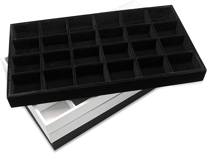 The Display Guys - Stackable Jewelry Tray and Organizer - for Drawers, Dressers, Store Display (24 Compartments, Beige Burlap)