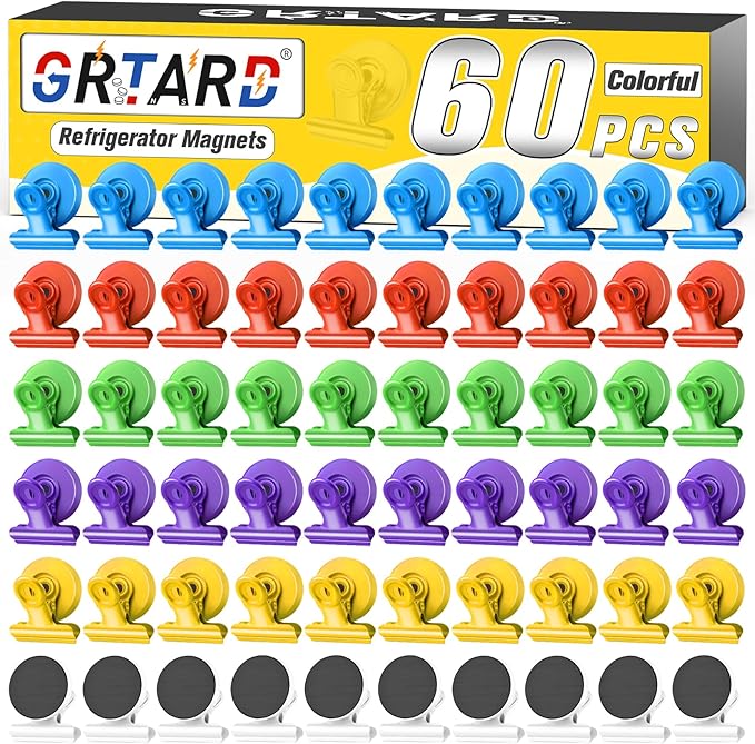 Grtard 60 Pack Magnetic Clips Heavy Duty, Magnet Clips for Fridge, Refrigerator Magnets with Clip, No-Scratch Strong Magnetic Clip for Refrigerator, Whiteboard, Cruise Cabins, Locker (Colorful)