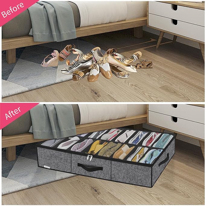 Onlyeasy Sturdy Under Bed Shoe Storage Organizer with Handles and Clear Window, Fits 16 to 32 Pairs, Premium Foldable Shoe Container Box for Closet, 37.7x 23.6x 5.9 inch, Cotton-like Black, MXBUBS16P2