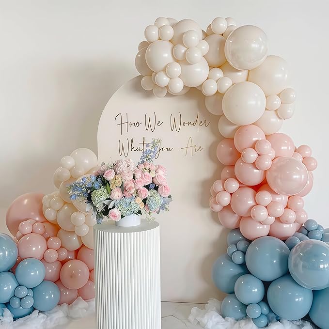 Gender Reveal Balloon Arch Kit 115Pcs Dusty Blue Blush Balloons Garland Boho Retro Peach Cream Orange Ivory White Sand Birthday Party Balloons for Boys or Girls Baptism Baby Bridal Shower Decorations