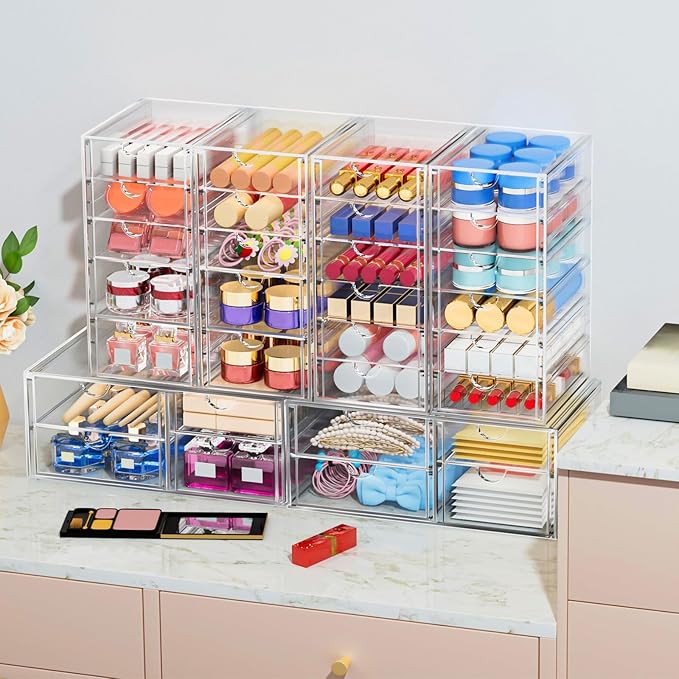 Desk Organizers And Accessories With 22 Drawers, 4 Pack Office Desktop Drawers, Plastic Makeup Organizer Containers Bins With Drawers Desk Organization, Bathroom Organizers Storage Case Box