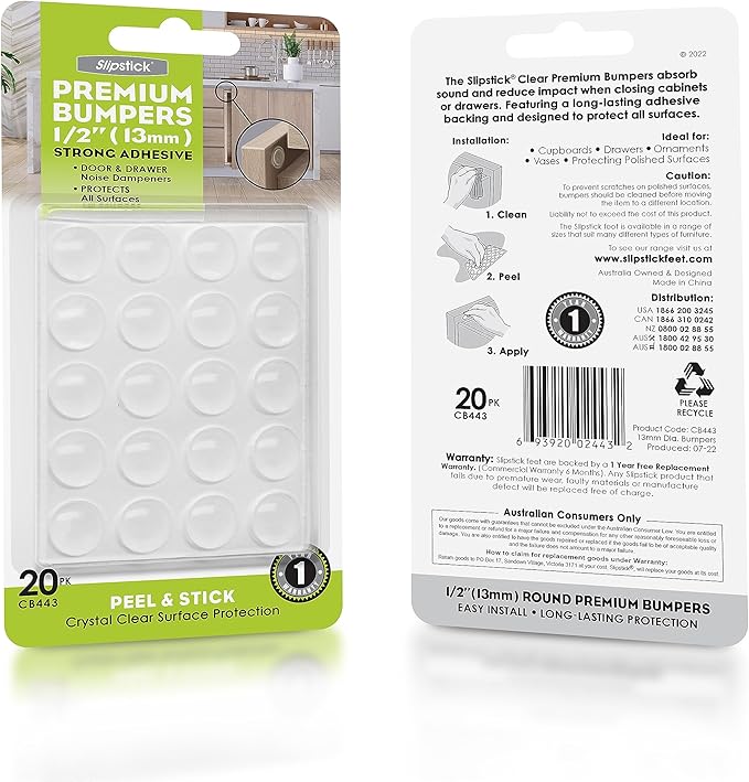 Slipstick Premium Cabinet Door Bumpers 1/2” Round Clear Adhesive Pads, Cabinet Stoppers, Rubber Bumpers for Drawers, Cupboards, Cutting Boards, Glass Tops, Picture Frames, Furniture, 20 Dampers